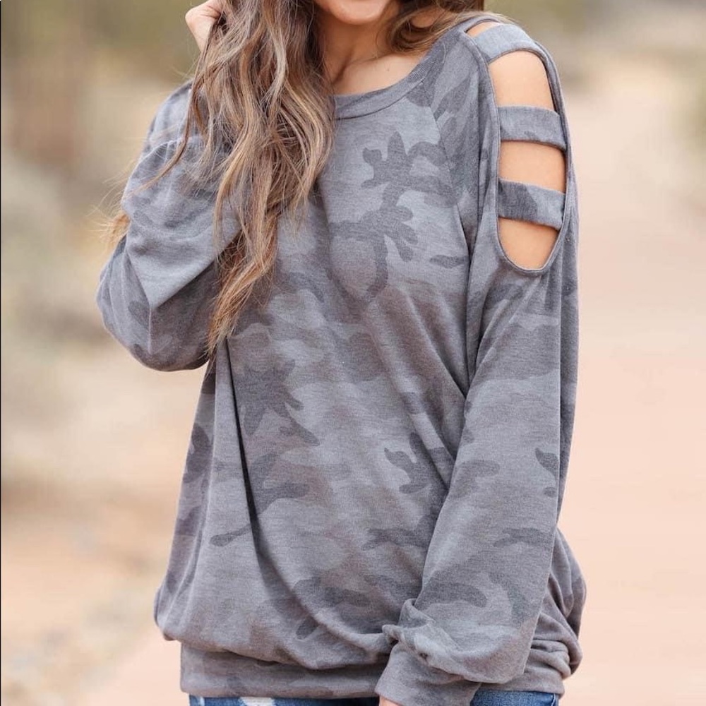 Attention to Detail Camo Top, Charcoal, size small, by Closet Candy, NWOT